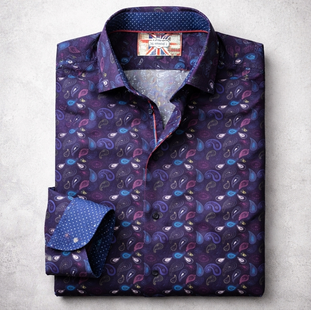 7 Downie St Purple Paisley Shirt XLT 100% Cotton Flip Cuff XL tall